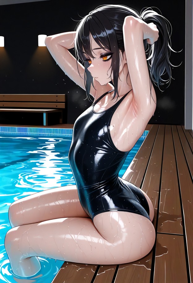 a she is is sitting on a wooden bench with slumped shoulders and a wavering gaze,tight wet one-piece swimsuit,swimmin…