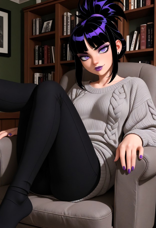 she is sitting in an armchair,leaning back,looking at viewer,grey oversized knit sweater,black leggings,living room,d…