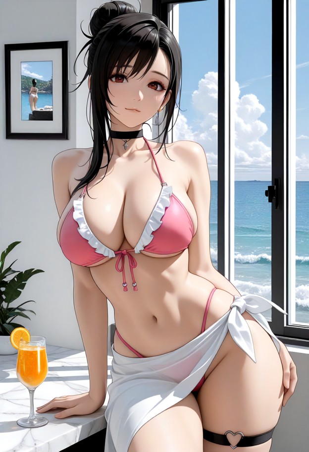 wearing a white frilled string bikini,two-tone hair,single hair bun,blue eyes,black choker,heart o-ring,mole on breas…