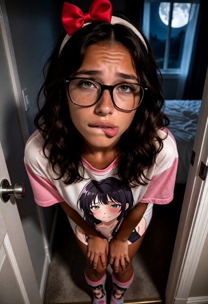 Location: a dimly lit hallway near a bedroom door, soft moonlight filtering through a window
Position: Dolores "5 of …