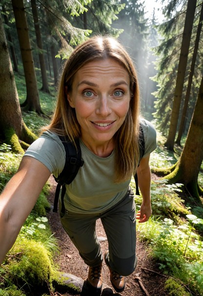Location: bright morning in a lush, dense spruce forest where dappled sunlight filters through the thick green canopy…