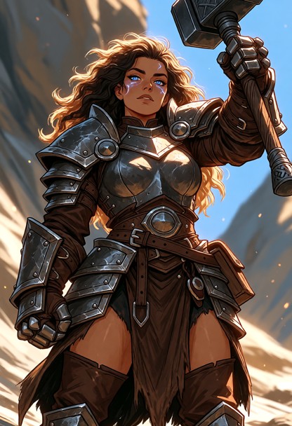 Standing raising her hammer up high.