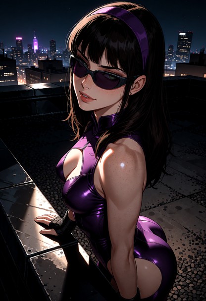 Location: night atop a dark urban rooftop with the glowing city skyline in the distance, where distant neon lights an…
