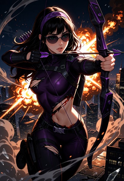 Dynamic side-view cinematic shot: Kate Bishop mid-leap off a skyscraper ledge, city skyline behind her. She’s drawing…