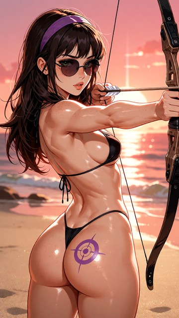 Dynamic beach glamour shot, sunset backdrop: Kate Bishop stands in side-profile on golden sand, micro black string-th…