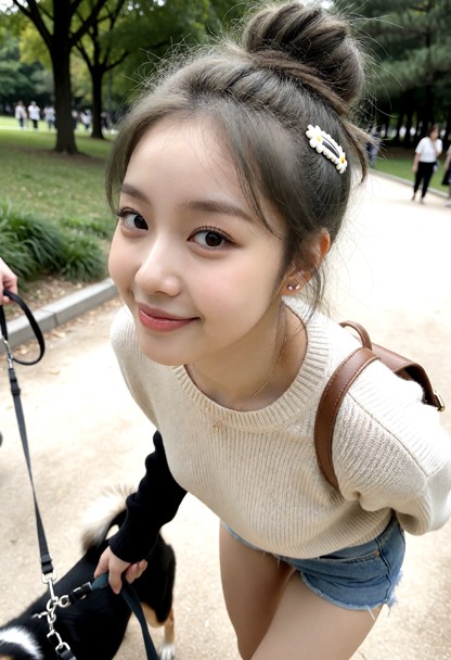 walking a small dog on a leash in the park, mid-stride, glancing back with a bright playful smile, casual sweater, sh…