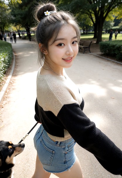walking a small dog on a leash in the park, mid-stride, standing upright, looking over her shoulder at the camera whi…