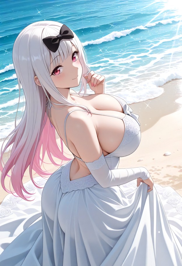 chika fujiwara is twirling on the sand,flowing white silk wedding gown,sunny beach,white sand,blue ocean waves,sparkl…