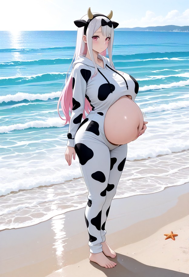 standing on the beach patting her pregnant belly,cow onesie,sunny beach,white sand,blue ocean waves,full body,bright …