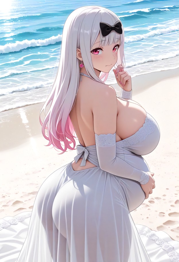 chika fujiwara is twirling on the beach with her hands on her pregnant belly,white silk wedding gown,sunny beach,whit…