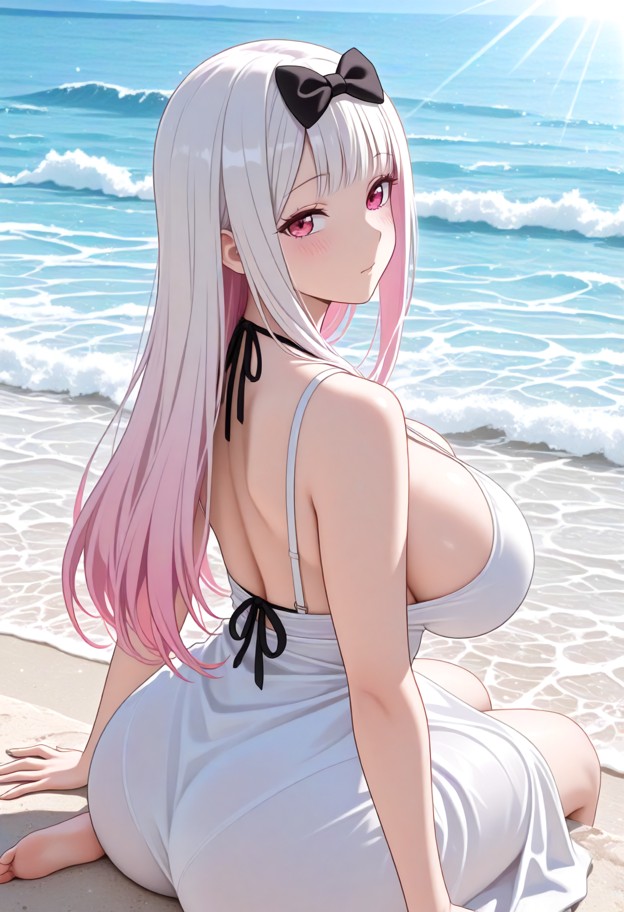 chika fujiwara twirls gently on the sand,white silk summer dress,sunny beach,white sand,blue ocean waves,medium shot,…