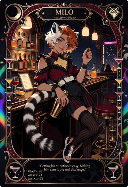 Create a premium fantasy-style character trading card featuring **Milo**, a 30-year-old adult male Ring-Tailed Lemur/…