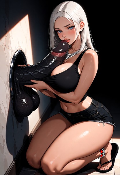 she is wearing her black tight crop tank top, dark denim short shorts, flip flops and her shiny I❤️BBC necklace and a…