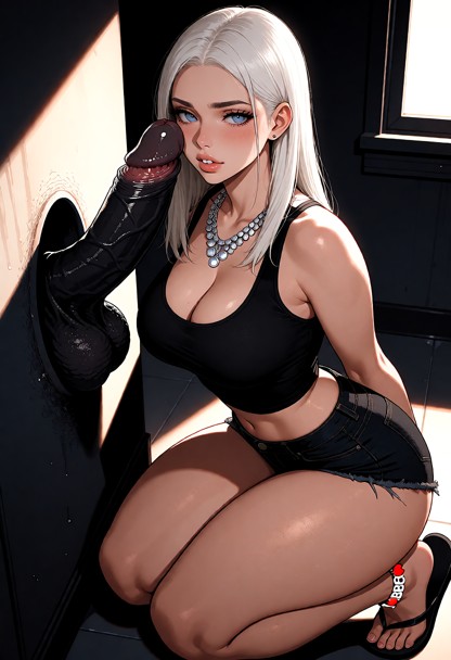 she is wearing her black tight crop tank top, dark denim short shorts, flip flops and her shiny I❤️BBC necklace and a…