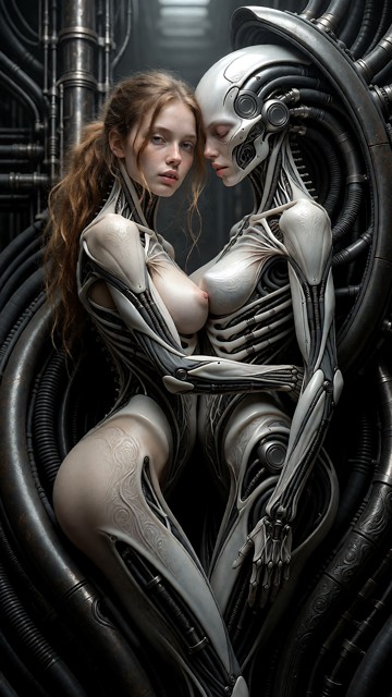 masterpiece, ultra detailed biomechanical surrealism, monochrome grayscale, dark industrial sci-fi environment, intri…