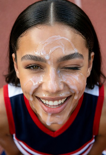 her face is covered in cum, male sperm is all over her face, she has one eye closed and is laughing, Compose the imag…