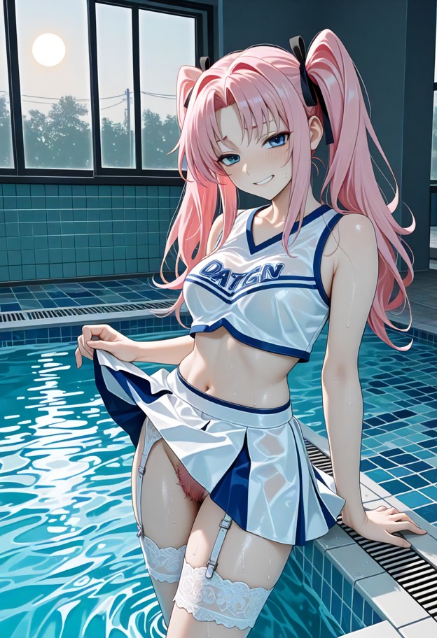 momo is standing in the pool grabbing the edge with both hands and smiling,tattered cheerleader uniform,soaked white …