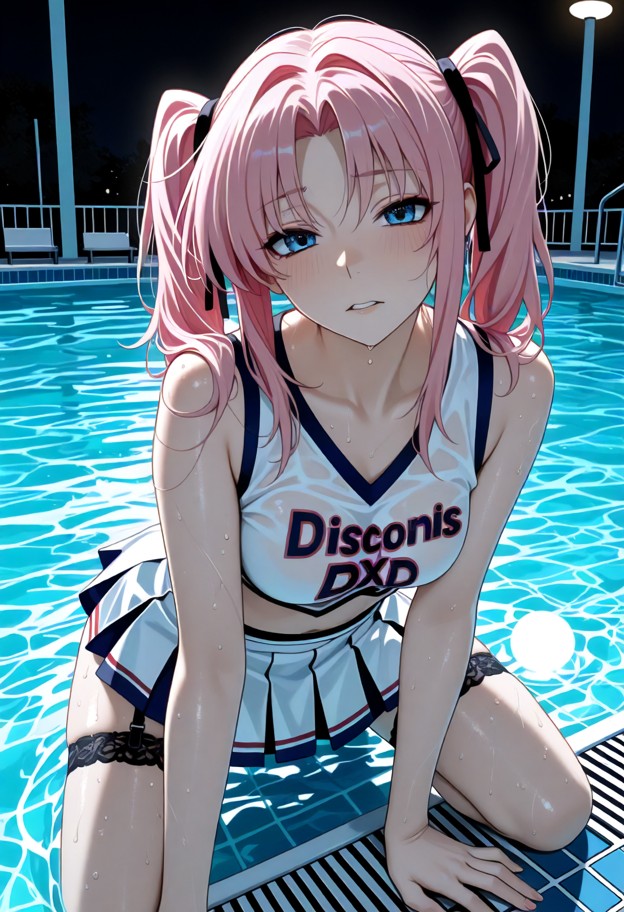 momo is kneeling in the shallow water scrubbing her skin,tattered cheerleader uniform,soaked sleeveless white top,sho…
