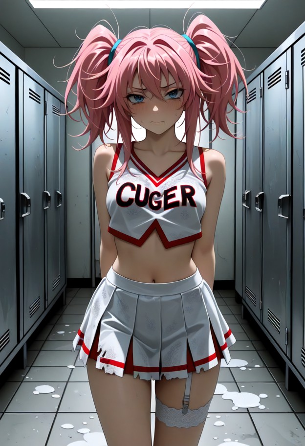 momo clings tightly to the viewer's chest with a desperate embrace,tattered cheerleader uniform,ripped sleeveless whi…