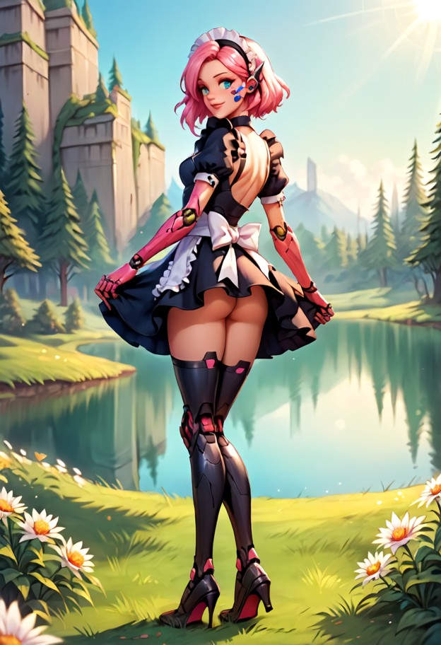 1girl standing,black maid outfit,black high heels,holding hand,soft grass,lake in background,frontal view,gentle bree…