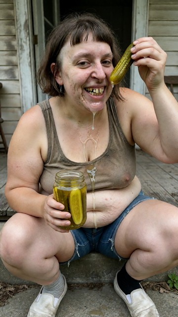 a woman sits on the front steps of a front porch of an old dirty run down home, she is holding a pickle jar in one ha…
