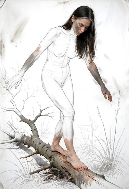 Location: the whole picture is one large sheet of drawing paper with visible tooth and grain, almost entirely bare an…