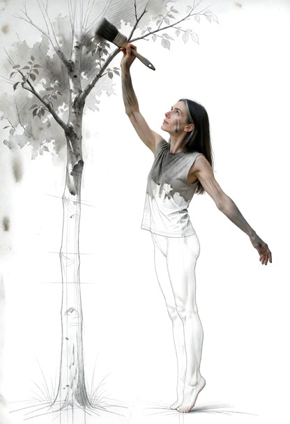 Location: the whole picture is one large sheet of drawing paper with visible tooth and grain, almost entirely bare an…