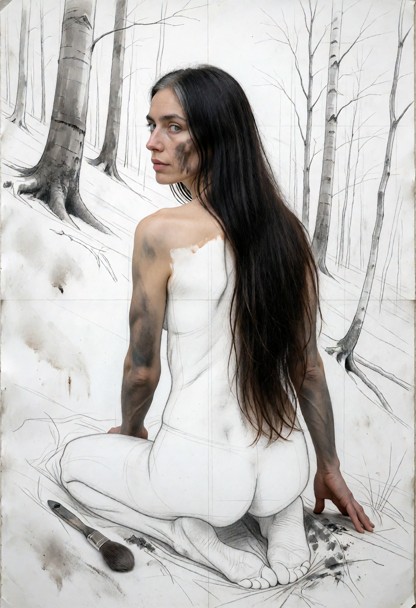 Location: the whole picture is one large sheet of drawing paper with visible tooth and grain, almost entirely bare an…