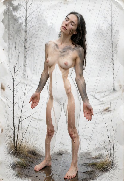 Location: the whole picture is one large sheet of drawing paper with visible tooth and grain, almost entirely bare an…