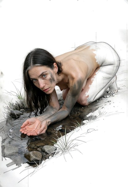 Location: the whole picture is one large sheet of drawing paper with visible tooth and grain, and most of it is bare …