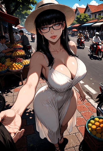 woman walking on bustling street corner, smiling contentedly, hand extended out, wearing loose white sundress, wide-b…