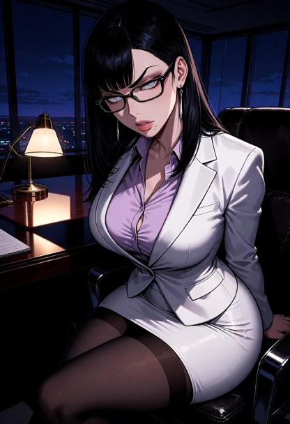 Location: late evening in the high-rise executive office where the deep indigo of twilight presses against the glass …