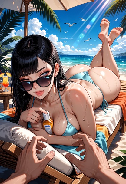 masterpiece, best quality, highly detailed, anime illustration, tropical beach scene, **lying prone on her stomach ac…
