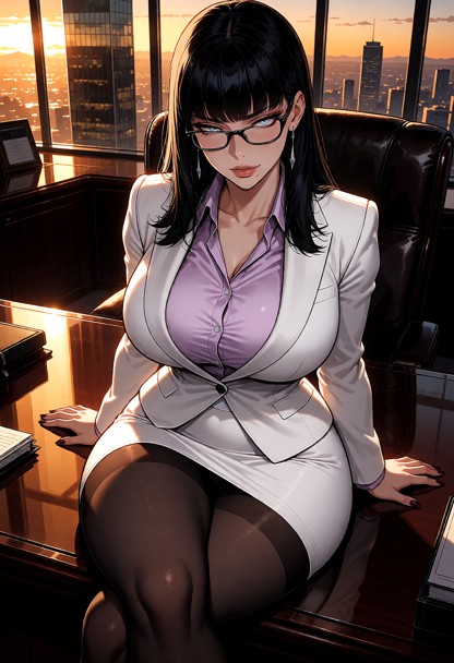Location: late afternoon in a high-rise executive office where the golden sunset casts long, dramatic shadows and amb…