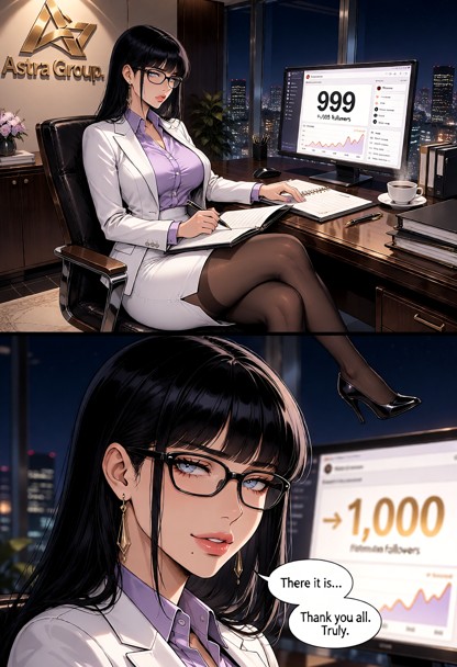 Create a **2-panel manga/comic scene** featuring **Lisa Carpenter V2** reaching **1, 000 followers** late at night in…