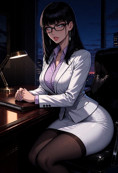 Location: late evening in the high-rise executive office where the deep indigo of twilight presses against the glass …