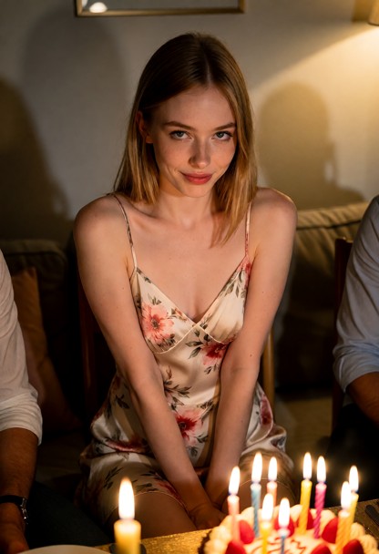 Location: cozy dimly lit living room during a birthday celebration, with the warm, flickering glow from several lit c…