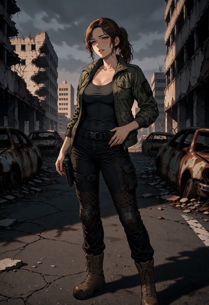 Location: a desolate, ruined city street under the overcast, gray light of a dying afternoon, with cracked asphalt, r…