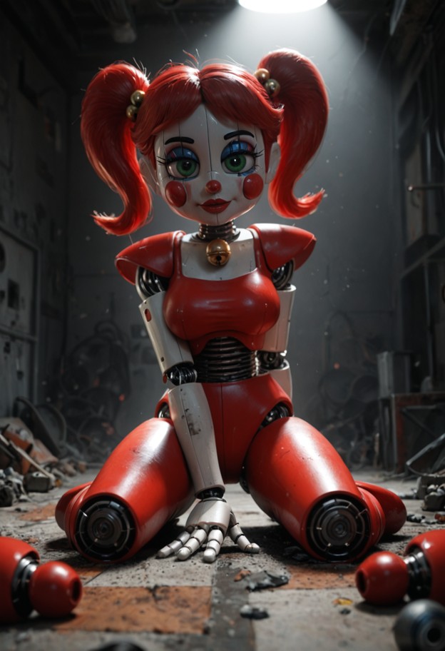 sitting on the floor and pushing herself upright,red plastic bodysuit,white trim,red pigtails,dark storage room,dusty…