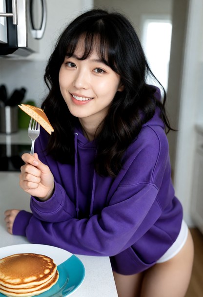 Location: Kitchen. Position: Rebecca leans over kitchen counter. Rebecca holds a fork with a small slice of pancake. …
