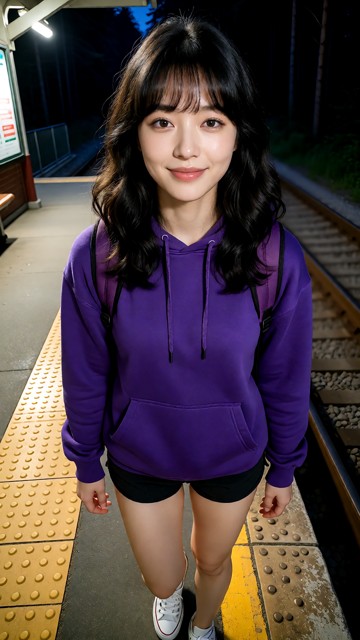 Location: Train station in the forest. Position: Rebecca walks along train station. Rebecca wears purple hoodie, blac…