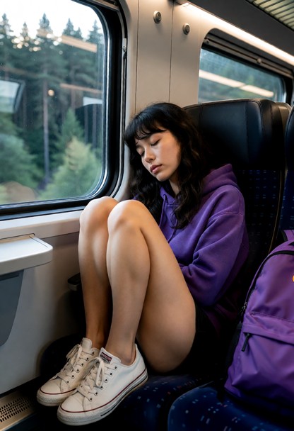 Location: Train. Position: Rebecca sits curled in a ball in train, looking out window. Rebecca wears purple hoodie, b…