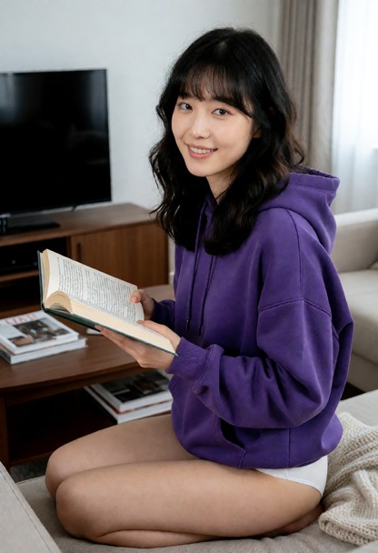 Location: Living room, televsion on tv stand, books and magazines on coffee table. Position: Rebecca sits on couch, l…