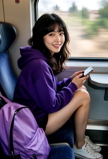 Location: Train. Position: Rebecca sits in train, turned toward viewer, looking out window. Rebecca wears purple hood…
