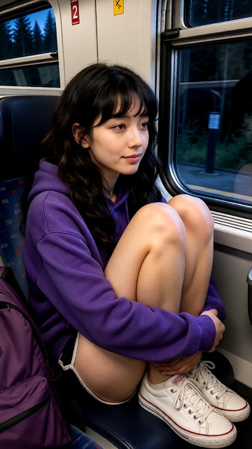 Location: Train. Position: Rebecca sits curled in a ball in train, looking out window. Rebecca wears purple hoodie, b…
