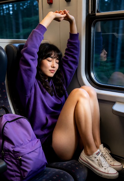Location: Train. Position: Rebecca sits curled in a ball in train, looking out window. Rebecca wears purple hoodie, b…