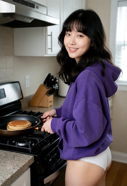 Location: Kitchen. Position: Rebecca stands in front of stove, holding frying pan, cooking pancakes. Rebecca wears ov…
