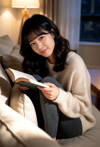 Location: cozy living room in the evening with soft ambient light from a floor lamp casting warm glows on the fabric …