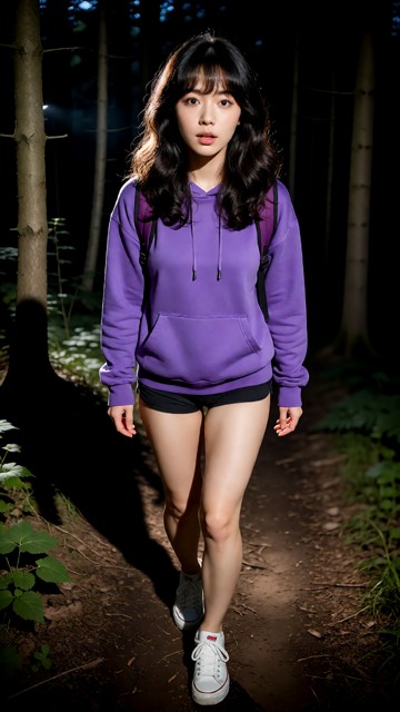 Location: Forest path. Position: Rebecca walks down dirt path in the forest. Rebecca wears purple hoodie, black short…