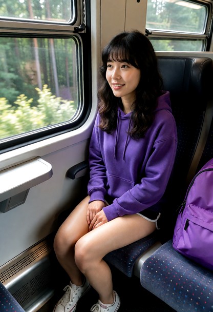 Location: Train. Position: Rebecca sits in train, looking out window. Rebecca wears purple hoodie, black shorts, whit…